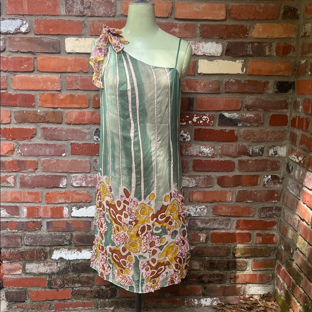 NWT Diane VonFurstenberg Silk Beaded One-Shoulder Striped & Floral Dress size 8